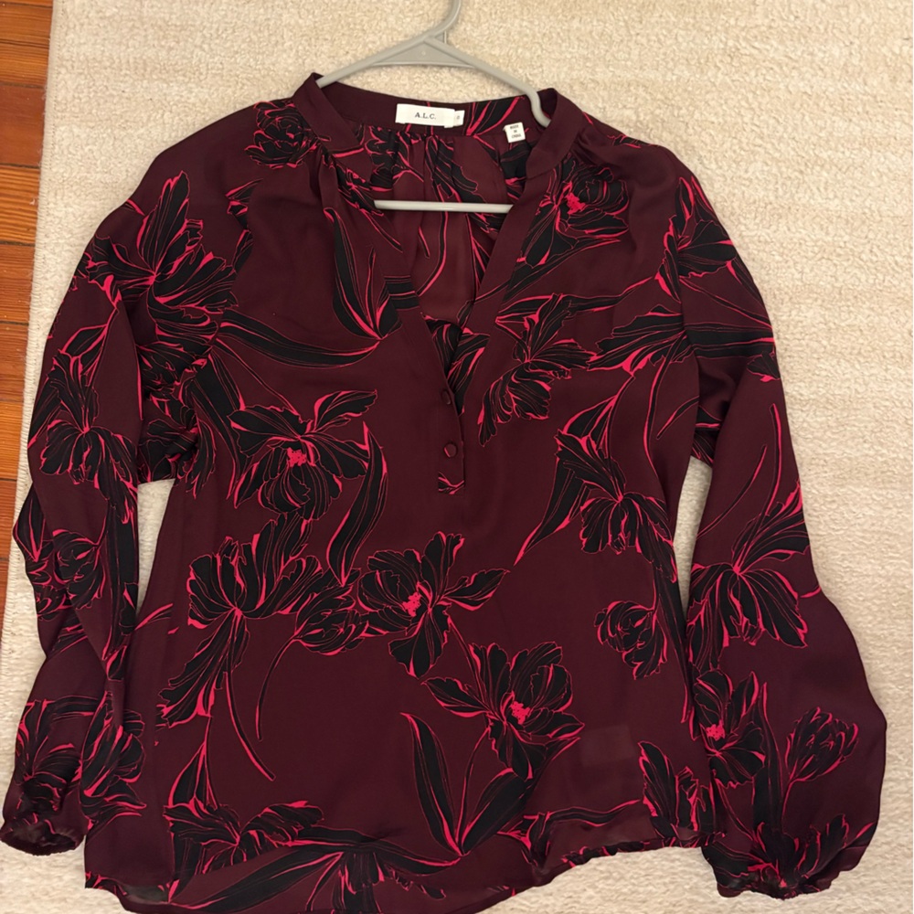 A.L.C. Burgundy Blouse with Hot Pink Floral Print